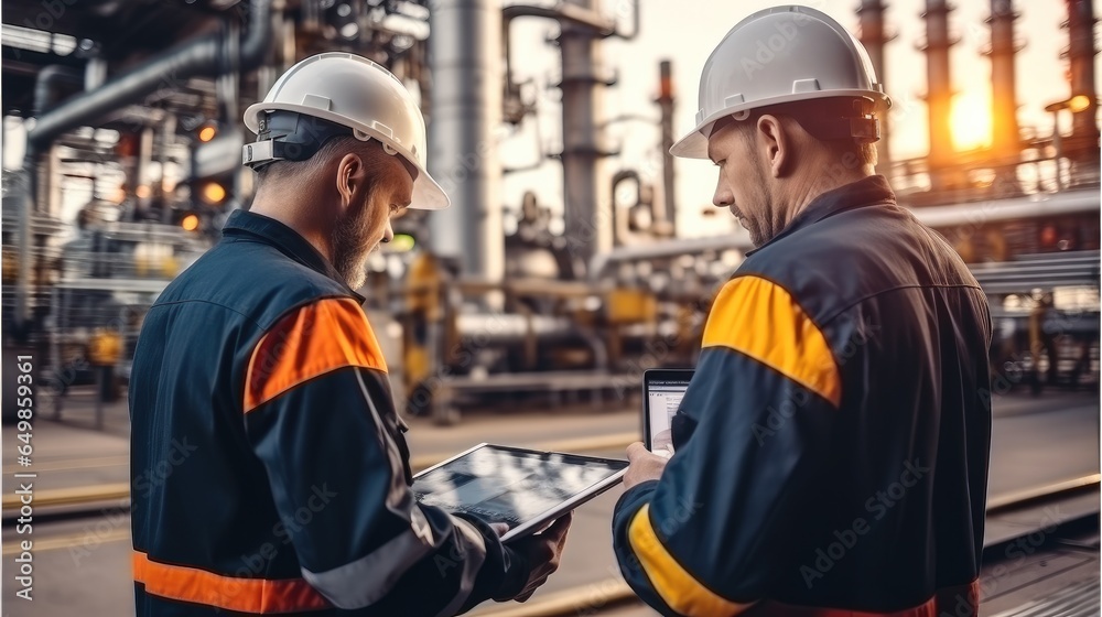 Two engineers with tablet computers remote testing of the functionality of oil refinery components.