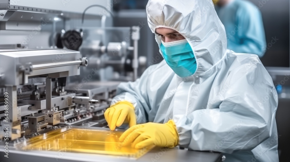 Worker in protective clothing working in a factory on an industrial packaging machine.