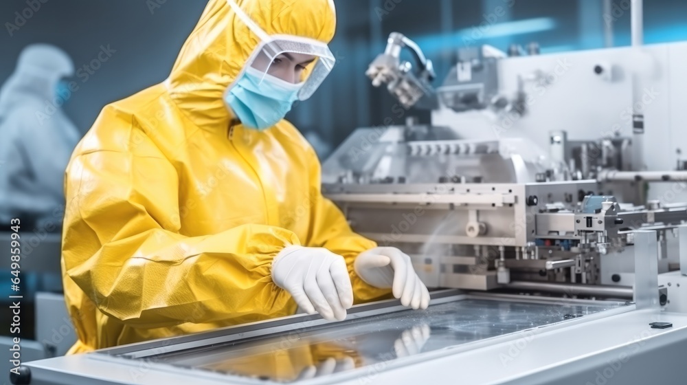 Worker in protective clothing working in a factory on an industrial packaging machine.