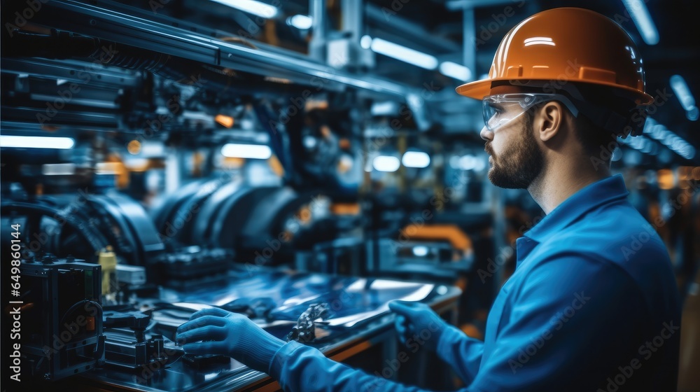 Confident man worker skillfully operating high-tech machinery in a modern automotive manufacturing at factory.