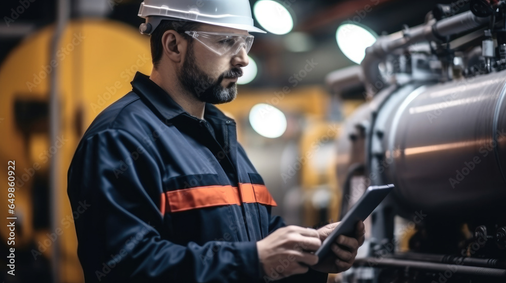 Engineer working and checking the heating system in the boiler room at industry factory.