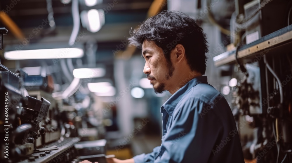 Japanese man working with machines at factory.