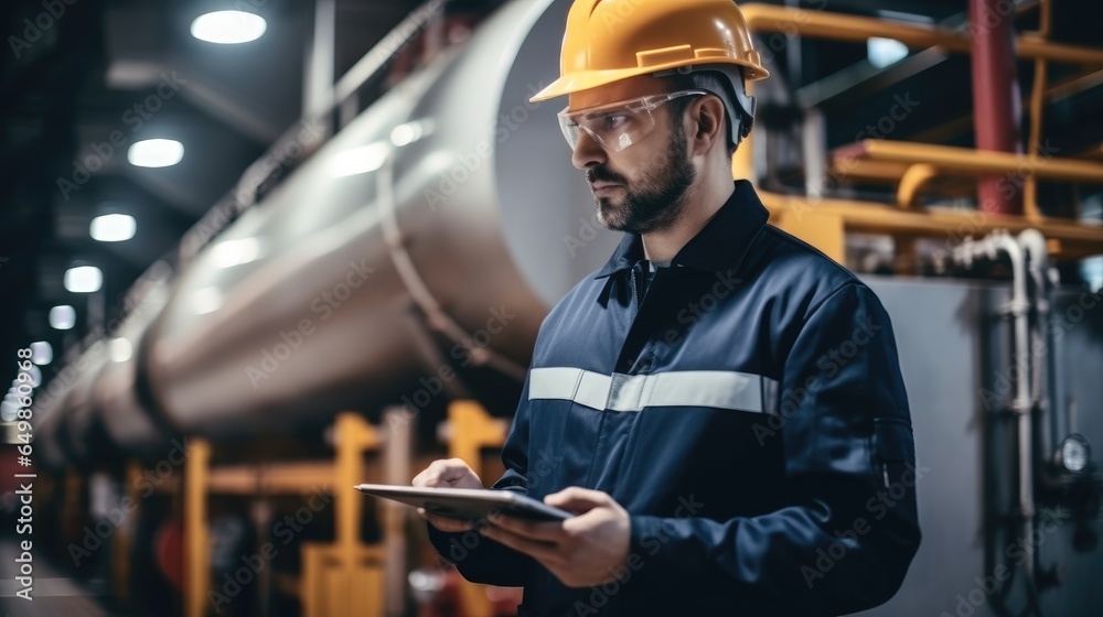 Engineer working and checking the heating system in the boiler room at industry factory.