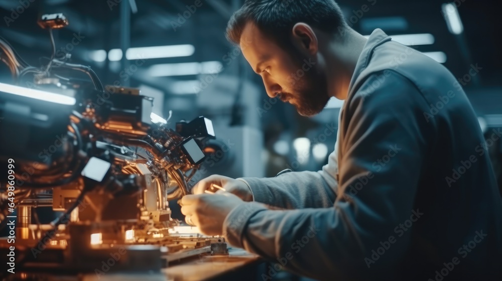 Technician calibrating an industrial robot arm at factory.