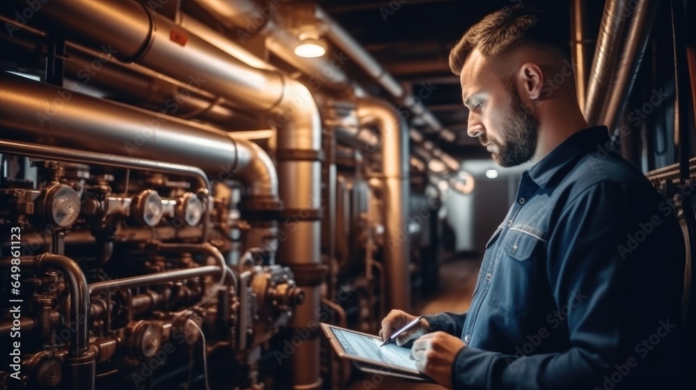 technician checking the heating system in the boiler room at industry factory.