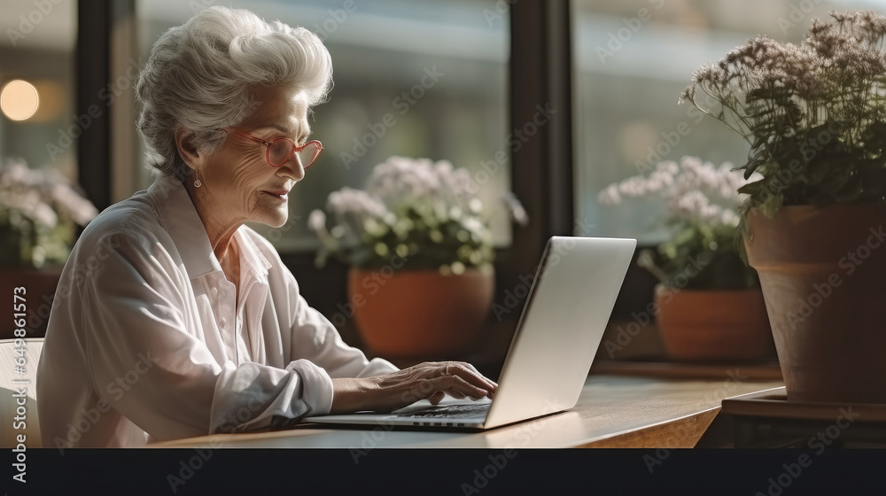 Portrait of senior woman using laptop at home.