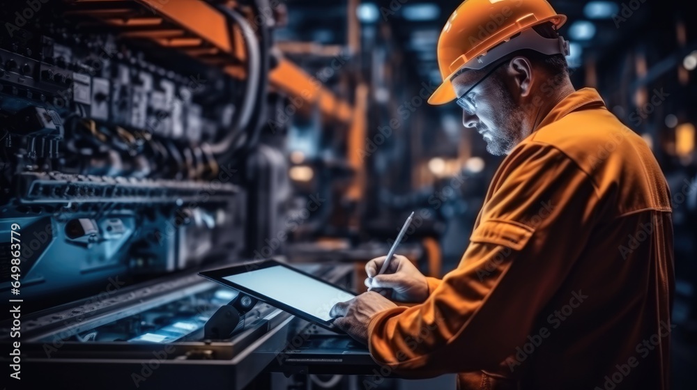 Industrial engineer at the machine, Worker in orange security vest standing at a metalworking machine typing.