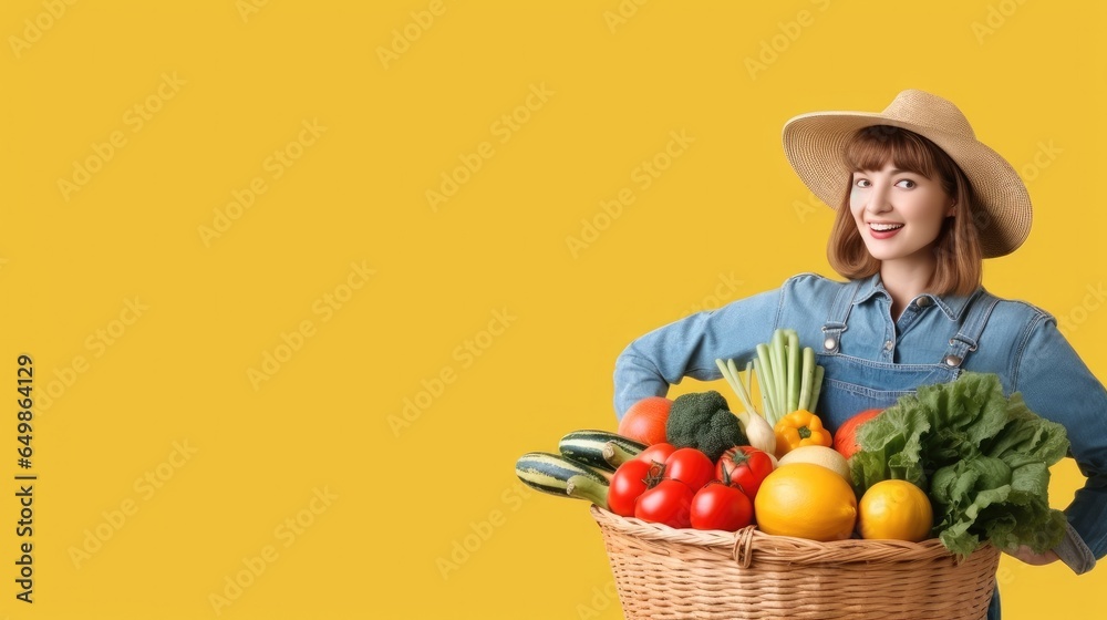 Young woman farmer with basket full of different vegetables on yellow background.