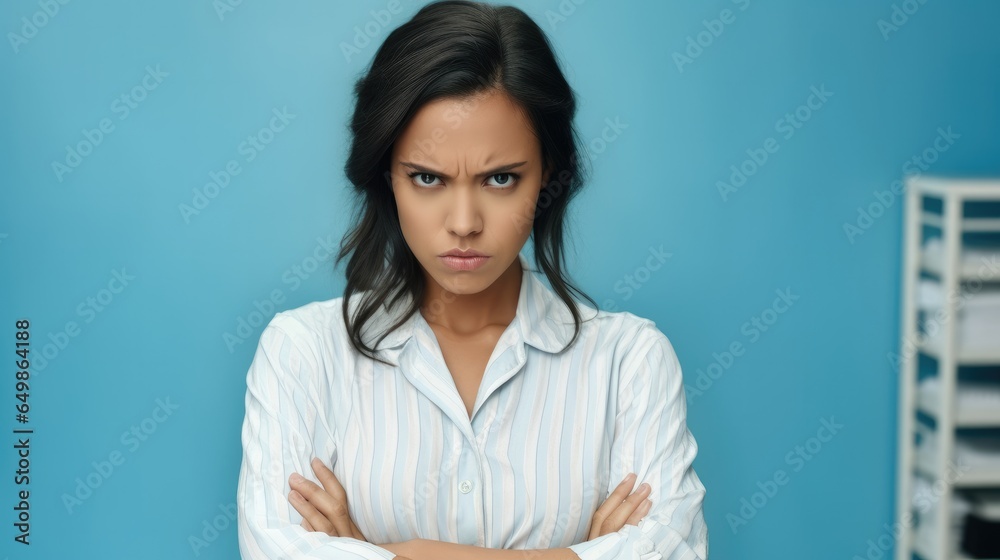 Young woman frowning face in displeasure and keeps arms folded.