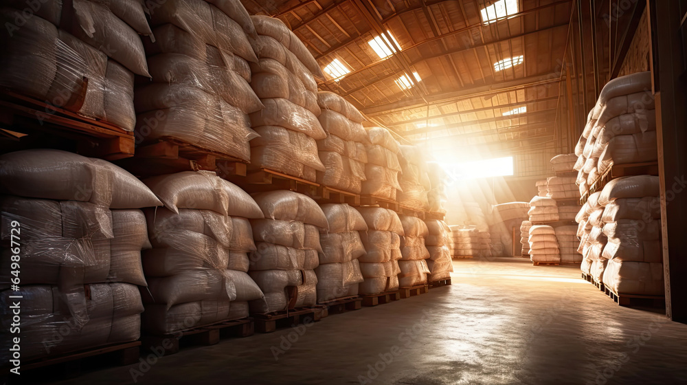 Sugar in a Warehouse. Bags of sugar. Large food warehouse with sugar sacks. Sugar factory. Generative Ai