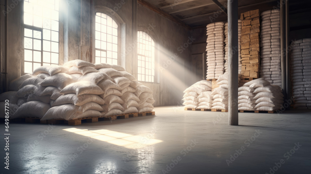 Sugar in a Warehouse. Bags of sugar. Large food warehouse with sugar sacks. Sugar factory. Generative Ai