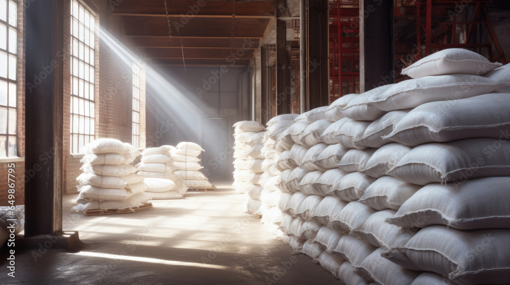 Sugar in a Warehouse. Bags of sugar. Large food warehouse with sugar sacks. Sugar factory. Generative Ai