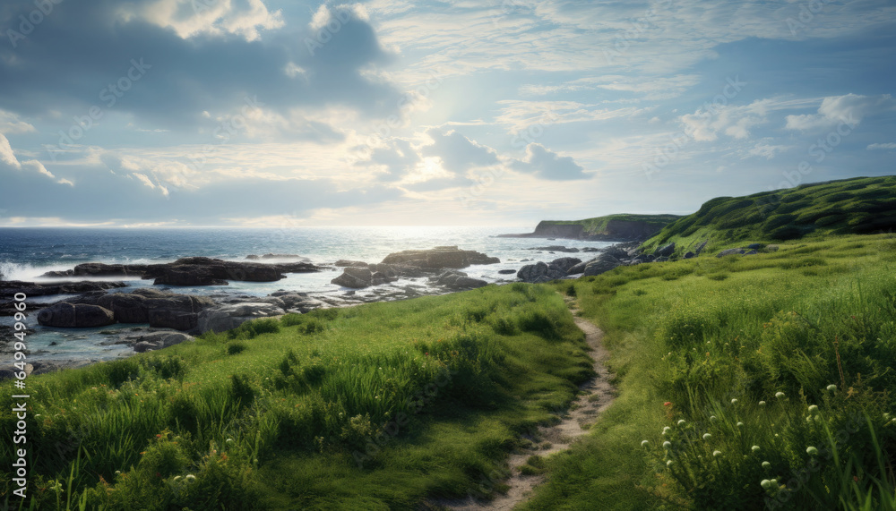 A green meadow with trees leading to a stony sea shore.