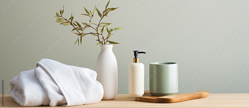 Eco friendly bath accessories in green shade with cotton towels white vase and soap dispenser on oak stump Daily self care idea