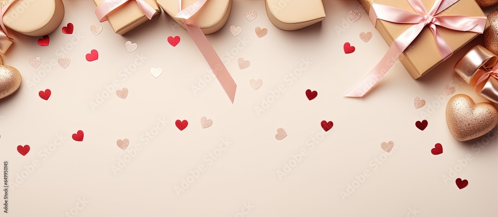 Valentine s Day theme with gift boxes balloons candies and confetti on beige background