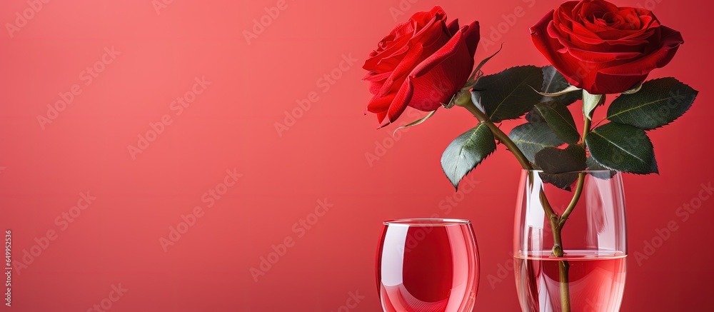 Elegant party concept with red glass rose and minimal luxury vibes on a red and white background perfect for Valentine s Day composition