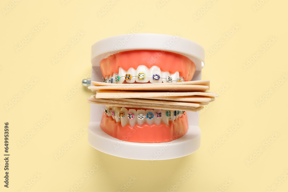 Model of jaw with dental braces and chewing gums on pale yellow background