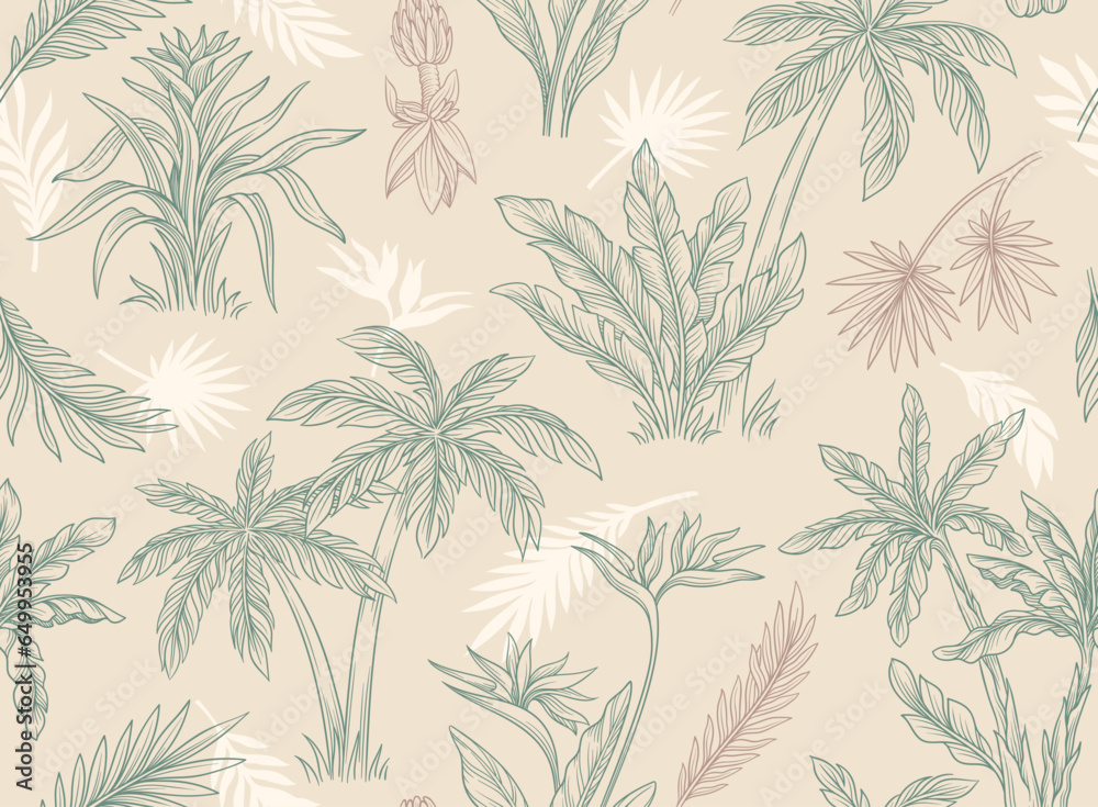 Seamless pattern with palm tree. Outline exotic ornament with tropical plants for wallpapers, packaging and wrap design. Repeating print with banana or coconut trees. Linear flat vector illustration