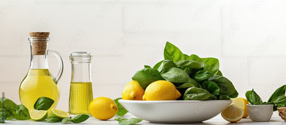 Healthy cooking at home with fresh spinach olive oil and citrus squeezer on white kitchen table