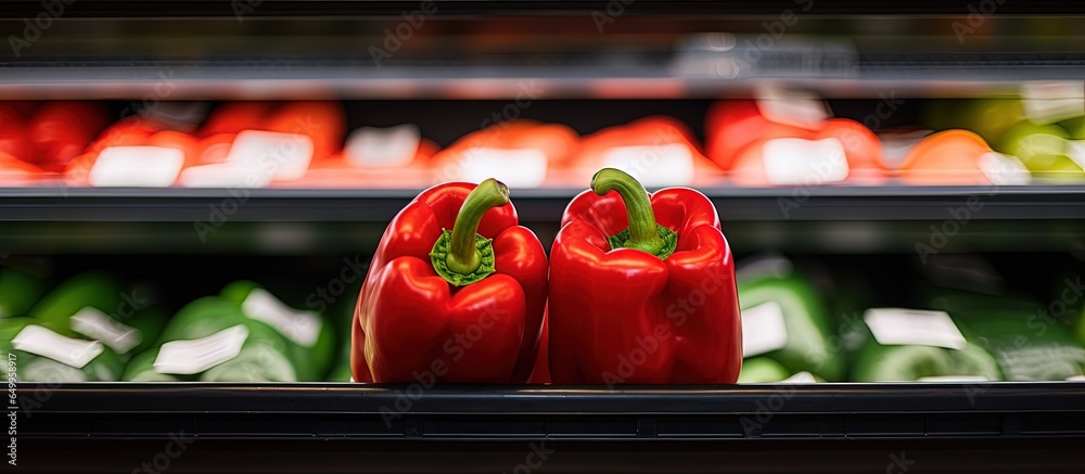 Box of Bulgarian pepper in a supermarket shelf