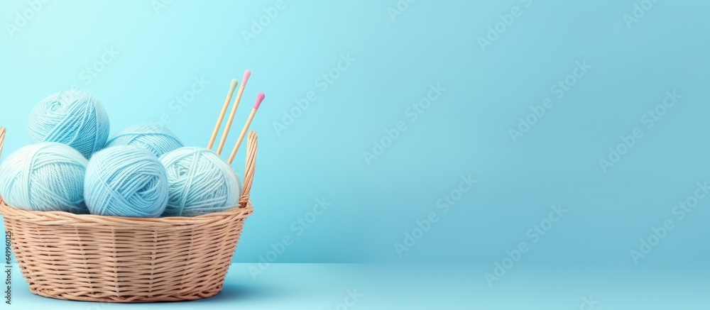 Knitting supplies on light blue background