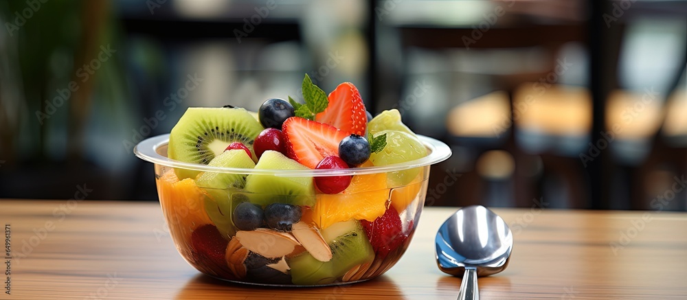 Fruit salad and fork on desk with plastic container focused