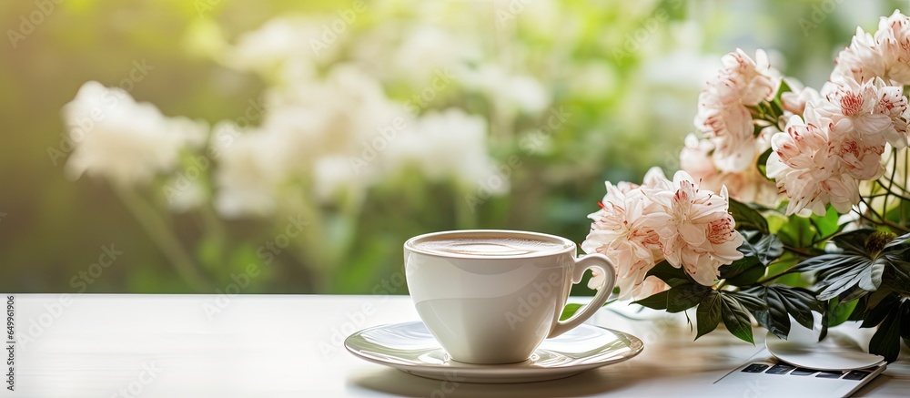 Working remotely with a cup of coffee and a view of flowers