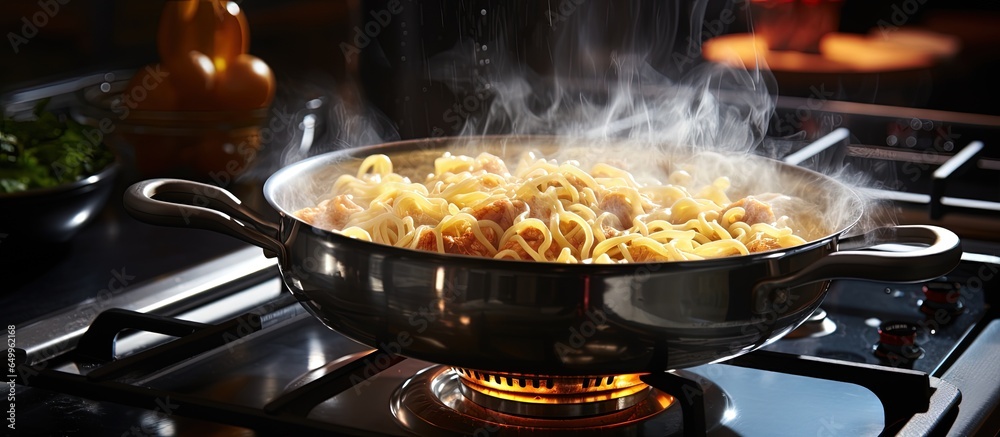 Cooking pasta on a stove in a pot with boiling water in a kitchen