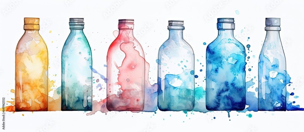 Ocean conservation poster with watercolor plastic bottles and a sustainability design representing the impact of plastic waste on nature and the environment for Earth Day