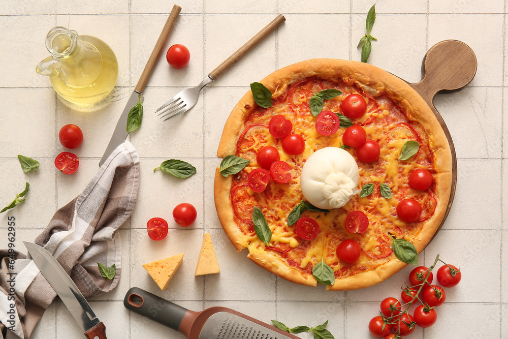 Wooden board of tasty pizza with Burrata cheese on white tile background