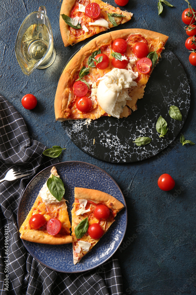 Slices of tasty pizza with Burrata cheese on black background