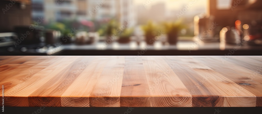 Blurred kitchen background with a wooden tabletop