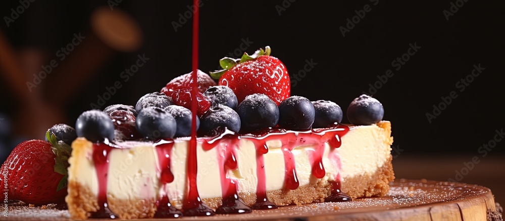 Fresh cheesecake slice with strawberry topping and blueberries baked dessert on wooden background handmade and appetizing bakery product in slow motion