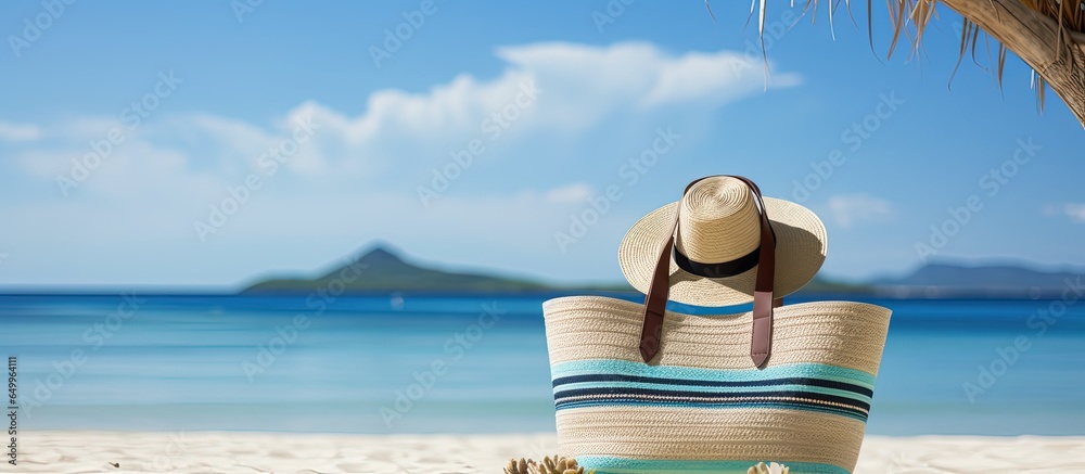 Beach bag with tropical background summer vacations concept