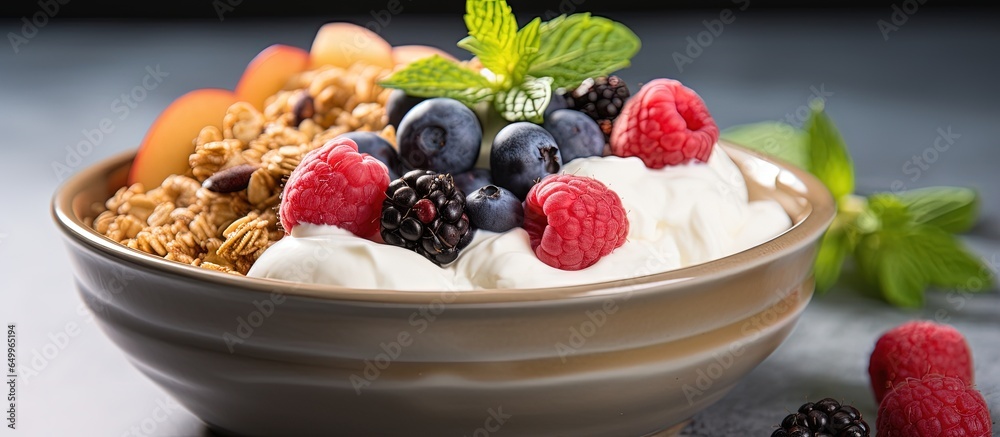 Close up view of a nutritious breakfast bowl with yogurt granola peach and berries