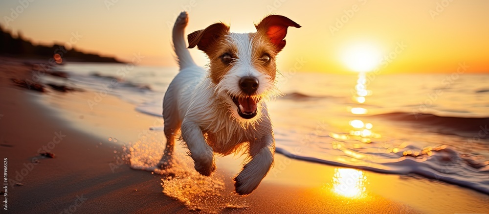 White Parson Russell Terrier runs on beach near water at sunset