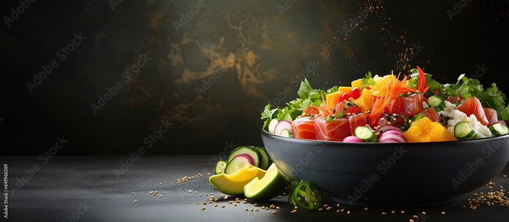 Restaurant table with side view of poke bowl