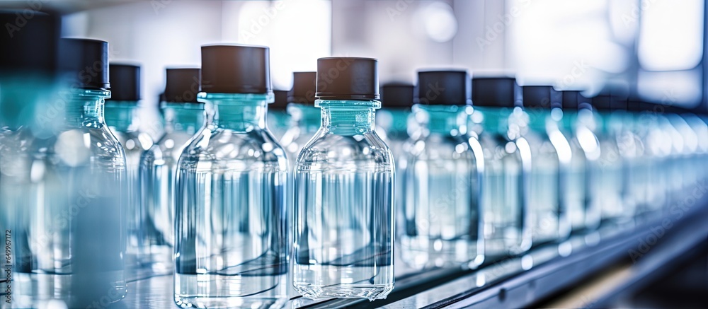 Mass production of transparent plastic bottles for food packaging on an industrial factory line