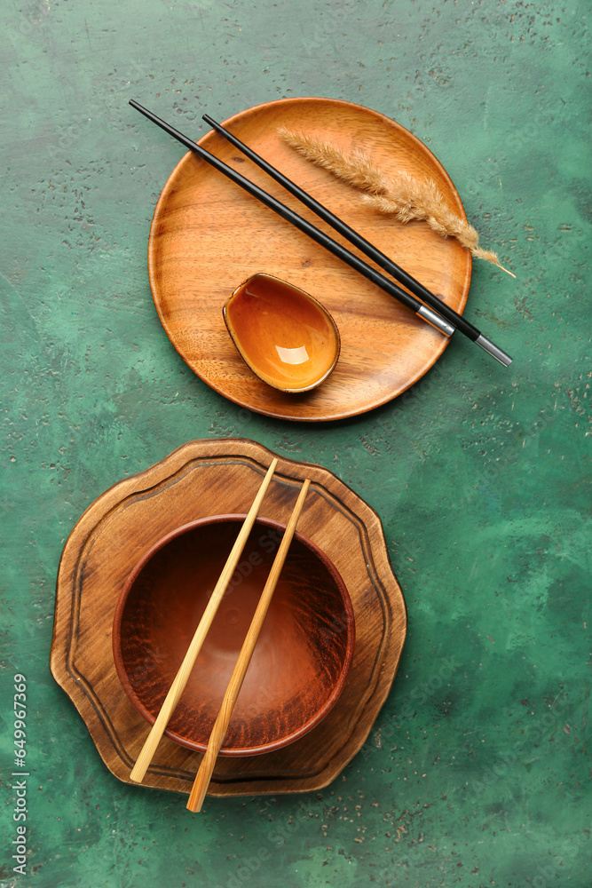 Chinese table setting on green background