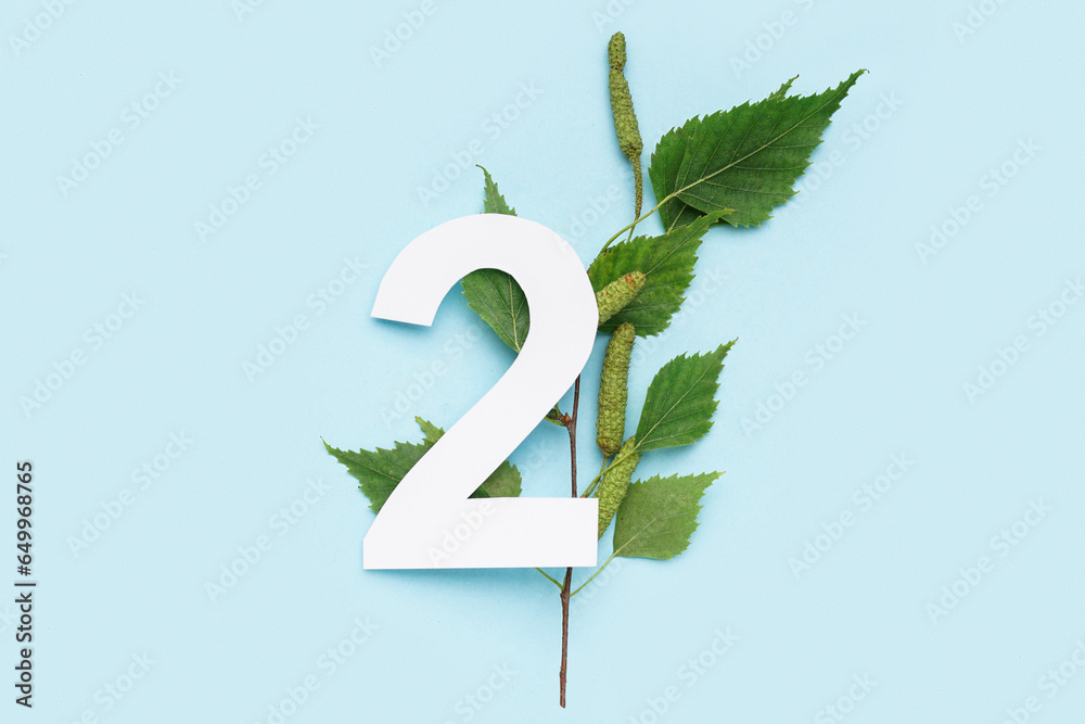 Green leaves with paper number two on blue background