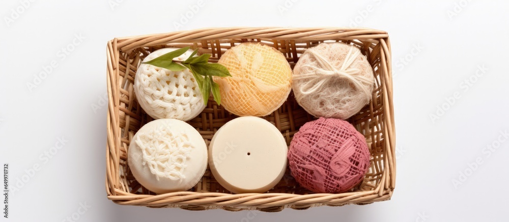 Various handmade soaps in a basket viewed from above on a white surface