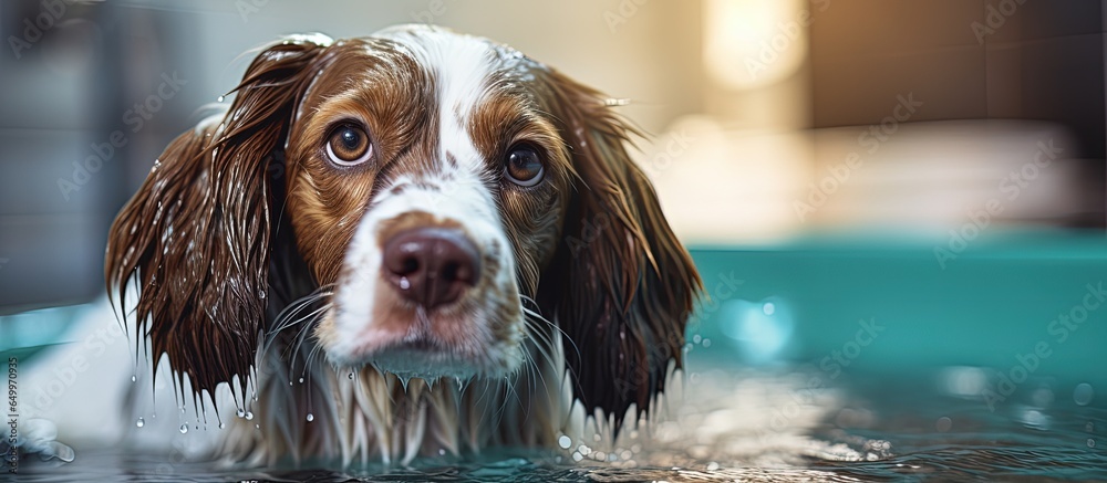 Professional animal grooming services offered at a veterinarian clinic including bathing stray cocker spaniel with shampoo