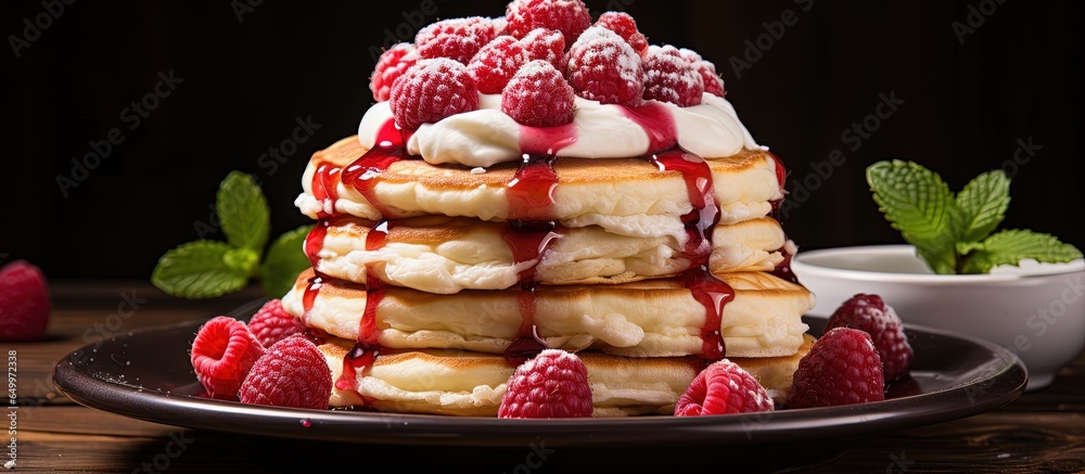 Breakfast pancakes with sour cream jam and fresh raspberries