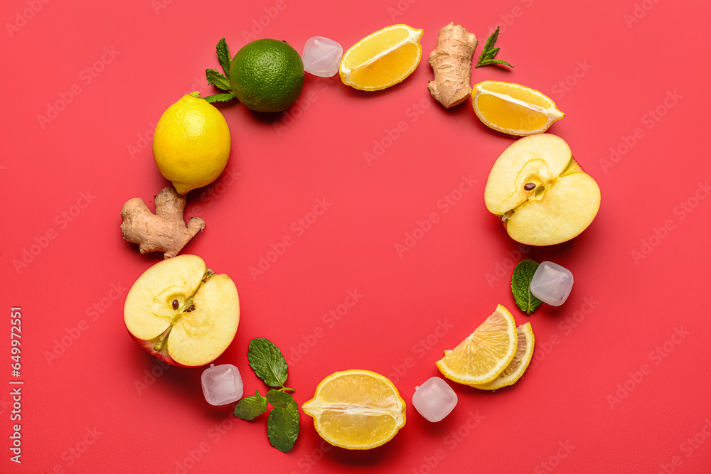 Frame made of ingredients for preparing lemonade on red background