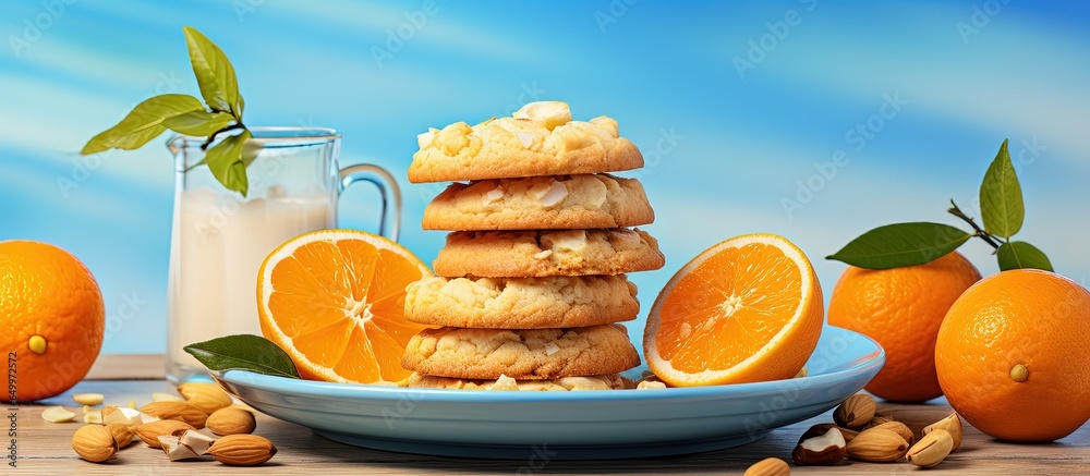 Delicious vegan almond cookies with macadamia nuts on a blue plate and wooden table