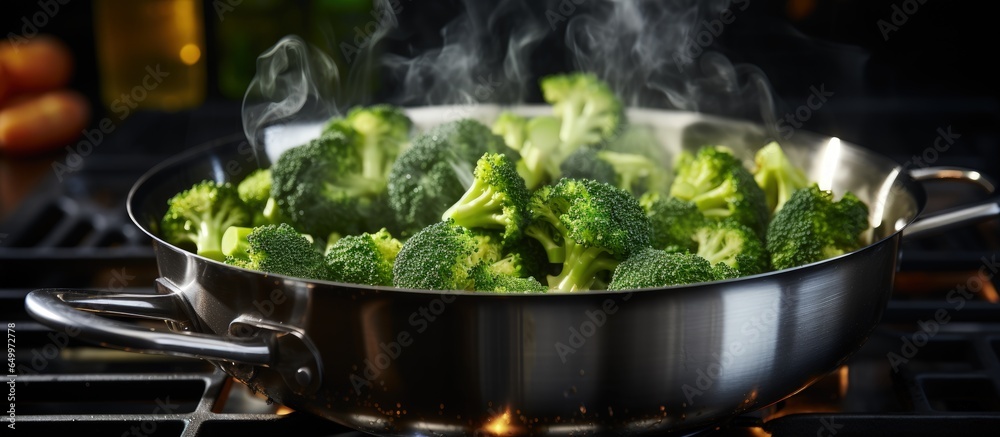 Preparing a healthy vegetable meal cooking broccoli in a stainless steel pot