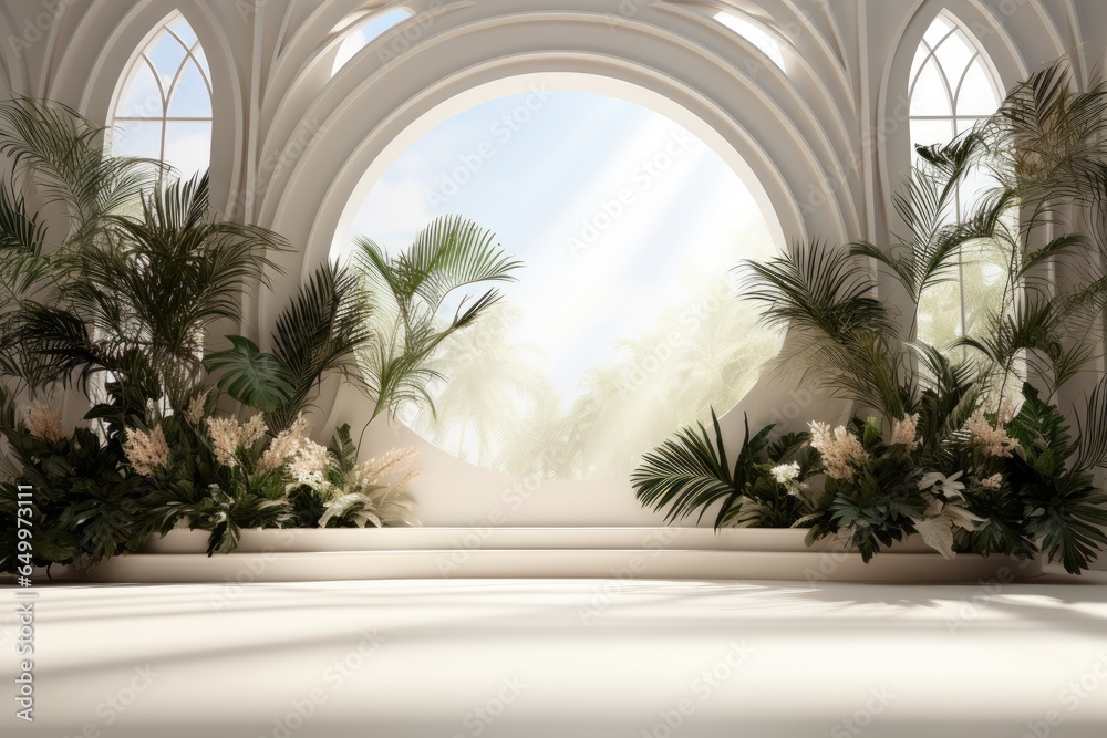 Abstract white studio background for product presentation. Empty room with shadows from windows and flowers and palm leaves. 3D room with copy space