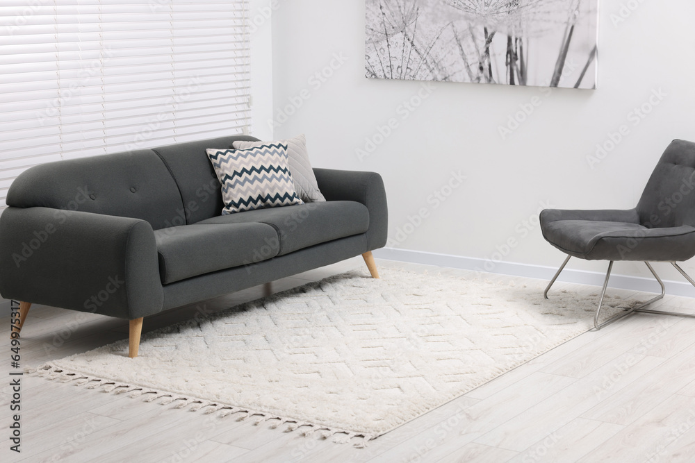 Living room with soft carpet and stylish furniture. Modern design