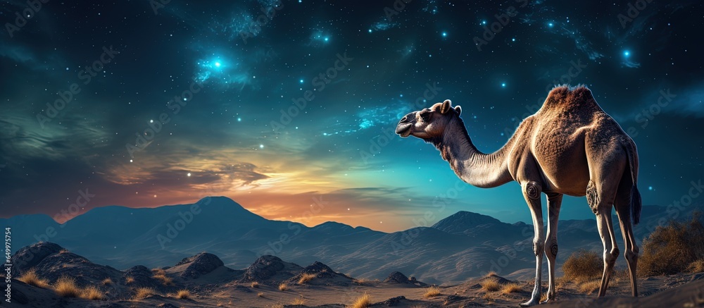 Camel sits on sand in desert with stars in UAE sky