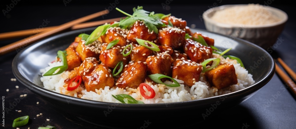 Asian vegan cuisine consisting of General Tso style tofu with rice green onion and pak choi